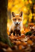 ai generado rojo zorro en el otoño bosque. hermosa salvaje animal en naturaleza. foto