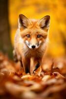 ai generado rojo zorro en el otoño bosque. hermosa salvaje animal en naturaleza. foto