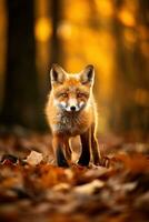 ai generado rojo zorro en el otoño bosque. hermosa salvaje animal en naturaleza. foto