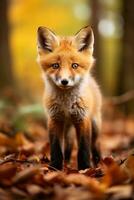 ai generado rojo zorro en el otoño bosque. hermosa salvaje animal en naturaleza. foto