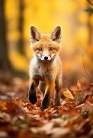 ai generado rojo zorro en el otoño bosque. hermosa salvaje animal en naturaleza. foto