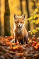 AI generated Red fox in the autumn forest. Beautiful wild animal in nature. photo