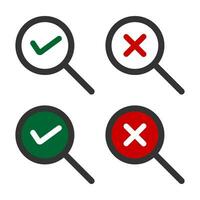 Searchs  green check mark and red cross icon.  Magnifying glass symbol. Sign app button vector. vector