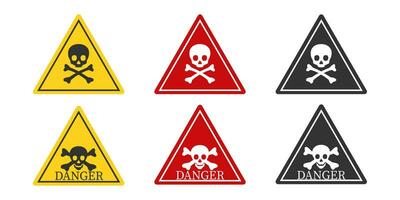 cráneo y huesos peligro icono. amarillo, res y negro firmar símbolo. advertencia logo vector. vector