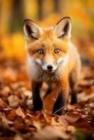 ai generado rojo zorro en el otoño bosque. hermosa salvaje animal en naturaleza. foto