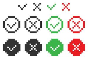 Pixel art 8bit check mark and cross icon. Positive and negative choice symbol. Sign app button vector. vector