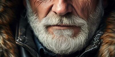 AI generated Weathered face of an elderly man in winter attire, set against a snowy. AI generative. photo