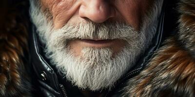 AI generated Weathered face of an elderly man in winter attire, set against a snowy. AI generative. photo