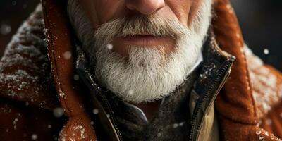 AI generated Weathered face of an elderly man in winter attire, set against a snowy. AI generative. photo