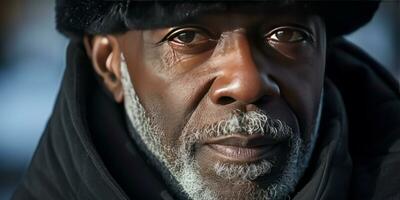 AI generated Weathered face of an elderly man in winter attire, set against a snowy. AI generative. photo