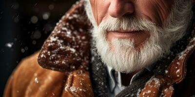 AI generated Weathered face of an elderly man in winter attire, set against a snowy. AI generative. photo