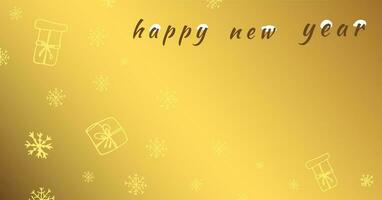Happy new year golden banner horizontal. Vector illustration. Design with gifts and snowflakes. Golden background Design for website header, landing page, banner, poster, cover, social post.