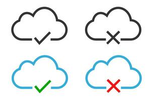 Cloud check and cross icon. Positive  and negative load symbol. Sign app element vector. vector