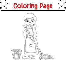 girl with bucket mop coloring page vector