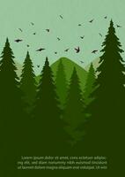 Closeup and crop scenes of green pine forests and example texts in vector design.