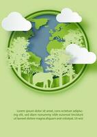 Elephant and trees on the earth in paper cut style with example texts on green background. vector