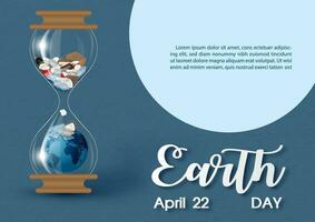 póster concepto de tierra día con global en un residuos reloj de arena y ejemplo textos en oscuro azul antecedentes. vector