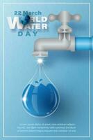 Water tap with water droplet in glass style and world water day letters in paper cut style and example texts on blue paper pattern background. vector