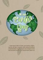 Wording of Earth day and 3d grass shape with example texts on globe and brown paper pattern background. Earth day poster campaign in paper cut and vector design.