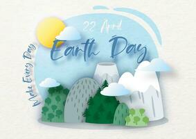 Different mountain scenes with wording of Earth day on blue background. Poster of world Earth day in paper cut style and vector design.