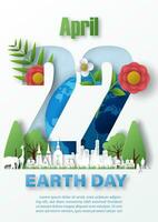 White city and publics park with the name of event, example texts on the date and decoration plants and white background. Earth day poster campaign in paper cut and vector design.