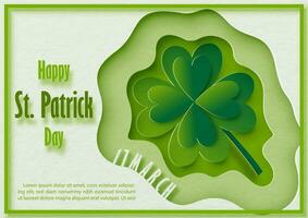 Shamrock plant in a abstract frame in paper cut style with wording of Saint Patrick's Day and example texts on light green paper pattern background. vector