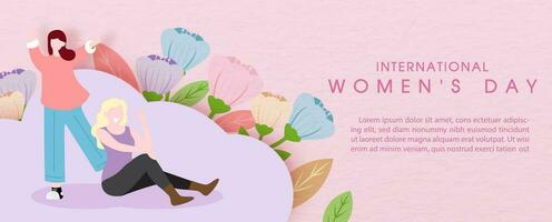 Women in cartoon character with colorful flowers and wording of Women's day on pink paper pattern background. Card and poster's campaign of Women's day in paper cut style. vector