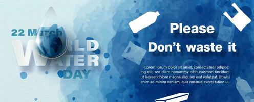 Water droplet on world water day letters in paper cut style and waste concepts, example texts on blue watercolor background. Poster's campaign of water day in vector design.