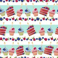 Seamless pattern with a cake decorated with cream, berries, a candle and a sparkler. Birthday muffin background. Festive texture for wrapping paper, cards, fabric, wallpaper. vector