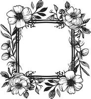 Whimsical Bloom Frame Black Vector Intricate Petal Encasement Decorative Icon