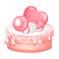 Cake with big pink heart for Valentine's Day. Festive dessert with glaze, marshmallow and meringue balls Hand drawn watercolor illustration for menu and packaging design, postcards, making stickers. png