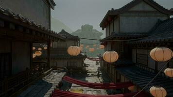 A street with lanterns hanging from it's sides photo