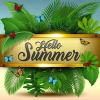 Hello Summer Sign with Tropical Leaves and Butterflies. Suitable For Summer Concept, Vacation, and Summer Holiday, Vector Illustration