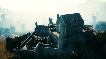 Beautiful drone view of the old castle with park on the hill photo