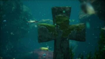 Crosses underwater in sunken cemetery on bottom of volcanic origin in Atlantic photo