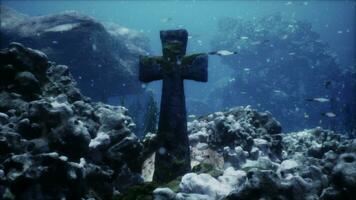 Crosses underwater in sunken cemetery on bottom of volcanic origin in Atlantic photo