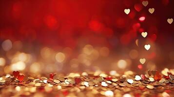 AI generated Christmas decorations on red background with stars, top view with space for text photo