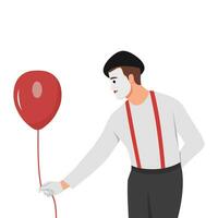 Man mime with balloon invites you to comedy theater performance with paraders and clowns. Mime circus actor guy with white face. vector