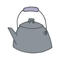 Vector Tea Kettle in Doodle style, Old Metal Teapot Hand Drawn Icon for Kitchen Utensil or Camping Equipment