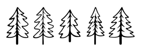 Hand Drawn Christmas Trees Doodle Set. Vector Editable Illustration. Black contour of Spruces isolated on white background