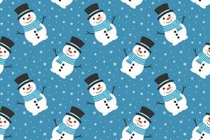 Cute Vector Snowman Seamless Pattern. Falling Snowflakes on Blue Background. Christmas and New Year Design