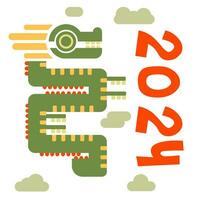 2024 Chinese New Year, the year of the Dragon. Chinese zodiac dragon in geometric flat modern style. Geometric green dragon with clouds and numbers on a white background vector