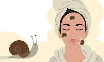 horizontal retrato de un mujer con Caracoles en su rostro. spa tratos con facial hidratación. el caracol sonrisas el procedimiento en el belleza salón. aislado vector ilustración. caracol mucina