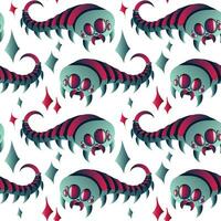 A pattern with space insects in the form of a centipede. Mechanical insects of blue and pink colors fly in space among the stars on a white background. Vector gradient illustration of an alien insect