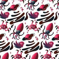 Pattern with space insects in the form of a squid with tentacles, a crab. Mechanical animals of blue and pink colors fly in space among an asteroid and planets on a white. Vector gradient alien insect
