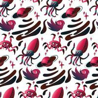 Pattern with space insects in the form of a squid with tentacles, a crab. Mechanical animals of blue and pink colors fly in space among an asteroid and planets on a white. Vector gradient alien insect