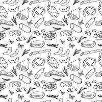 Smoked meat sausages seamless pattern hand drawn vector illustration.Different kind sausages products repeating background with bacon, sausages, pastrami, salami. Tasty meal, delicious snacks butchery