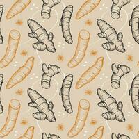 Turmeric seamless pattern. Hand drawn yelow spice decorative ornament reapiting background. Backdrop vector with spice plant Cucurmin stick and yellow powder with engreving . Cullinary and heaith