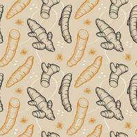 Turmeric seamless pattern. Hand drawn yelow spice decorative ornament reapiting background. Backdrop vector with spice plant Cucurmin stick and yellow powder with engreving . Cullinary and heaith