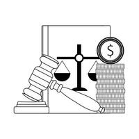 Corrupt bribery in judge. Vector line money bribe, constitution and gavel illustration